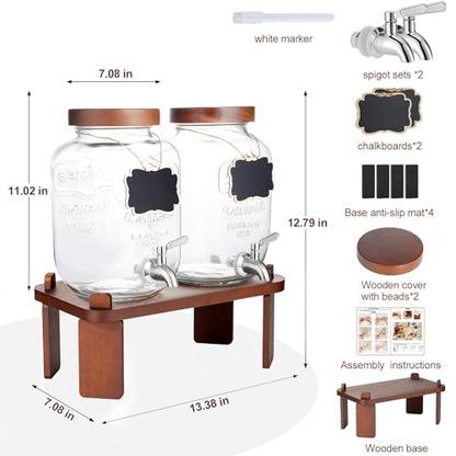 2PCS Large Drink Dispensers for Parties,Glass Beverage Dispenser with Wood Stand,Lemonade Drink Dispenser with Stainless Steel Spigot for Fridge,Water, Juice,Punch,Cocktails,Ice Tea & Sun Tea