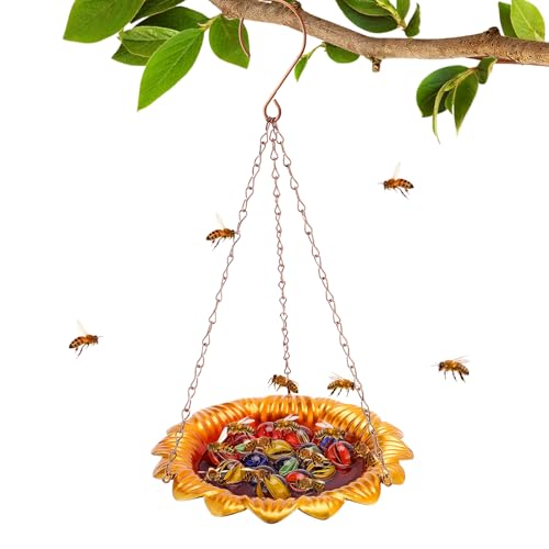 Bee Feeder with Vivid Sunflower Design - Anti-Rust Iron Bee Watering Station for Feeding, Colorful Butterfly Bath Bowl Cup with 15 Glass Marbles for Outdoor Yard Garden Decor Gifts (Gold) - style: Gold Sunflower