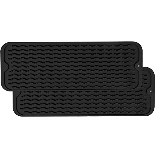 ZLR 2 Pcs Small Dish Drying Mat (6" x 17" / 153 x 433mm) - Narrow Silicone Drainer for Kitchen Counter, Apartment & RV - Compact Sponge Holder & Sink Caddy Tray, Non-Slip Food-Grade Silicone (Black) - color: Black, size: 17" x 6"