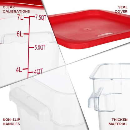 BIEAMA 4 Pack Food Storage Containers, 8 Quart with Lids, Square Commercial Containers with Scale, NSF, Polycarbonate, Clear - color: 8Qt-4 Pack(Red Lids)