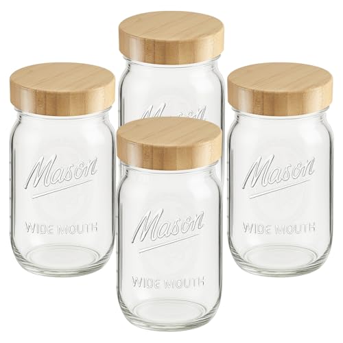4 Pack 32 oz Glass Jars, Wide Mouth Mason Jars with Bamboo Airtight Lids for Food Storage, Snacks, Meal Prep & Lunch Leakproof - color: 4 Pack - Wood