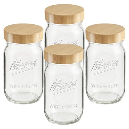 4 Pack 32 oz Glass Jars, Wide Mouth Mason Jars with Bamboo Airtight Lids for Food Storage, Snacks, Meal Prep & Lunch Leakproof - color: 4 Pack - Wood