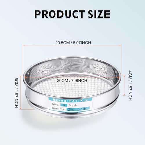 PATIKIL 8 Mesh(2.5mm) Lab Sieve, 7.9"(20cm) Diameter Sifting Screen 304 Stainless Steel Wire Cloth Fine Mesh Sieve for Industrial Laboratory Home Soil Sifter Dry Sift Screens Hash - size: 8 Mesh(2.5mm)/7.9"