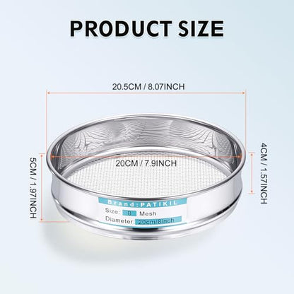 PATIKIL 8 Mesh(2.5mm) Lab Sieve, 7.9"(20cm) Diameter Sifting Screen 304 Stainless Steel Wire Cloth Fine Mesh Sieve for Industrial Laboratory Home Soil Sifter Dry Sift Screens Hash - size: 8 Mesh(2.5mm)/7.9"