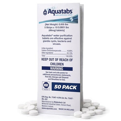Aquatabs 49mg Water Purification Tablets (50 Pack). Water Filtration System for Hiking, Backpacking, Camping, Emergencies, Survival, and Home-Use. Easy to Use Treatment and Disinfection. - size: (49mg), style: 50 Tablets