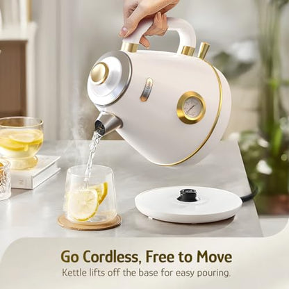 Hazel Quinn Retro Electric Kettle - 1.7 Liters / 57.5 Ounces Tea Kettle with Thermometer, All Stainless Steel, 1200 Watts Fast Boiling, BPA-free, Cordless, Automatic Shut Off - Pearl White - color: Pearl White