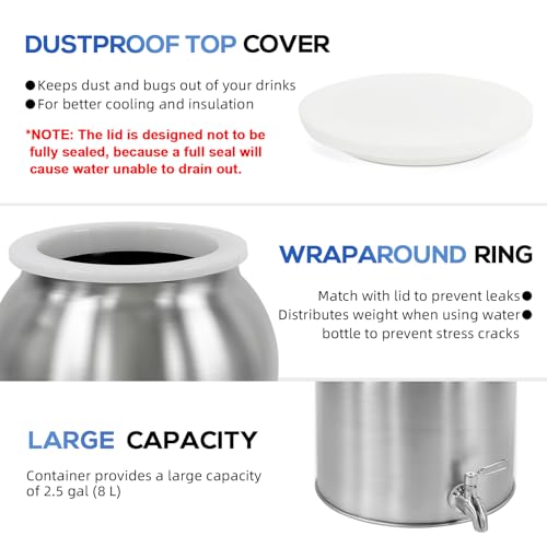 Stainless Steel Water Dispenser, 2.5 Gallon Drink Dispenser with 18/8 Stainless Steel Spigot & Airtight Lid, Water Cooler Dispenser Countertop for 3-5 Gallon Bottle, Water Crock for Parties Home