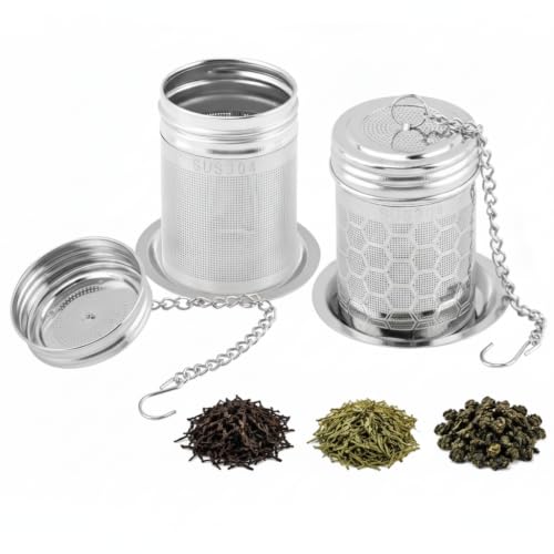 2 Pack Tea Strainers for Loose Tea, Extra Fine Mesh Tea Infuser, 304 Stainless Steel with Chain Hook& Drip Tray, Filter for Brew Tea, Spices & Seasonings, with 2 Cleaning Brushes