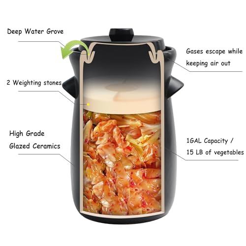 Fermentation Crock 3.8Liter/1 Gallon Stoneware Pot for Fermenting, Pickling Kimchi, Pickles, Vegetables, Kombucha - Glazed Fermenter with Stone Weights, Lid & Pickle Tamper-Black Crock - color: Black