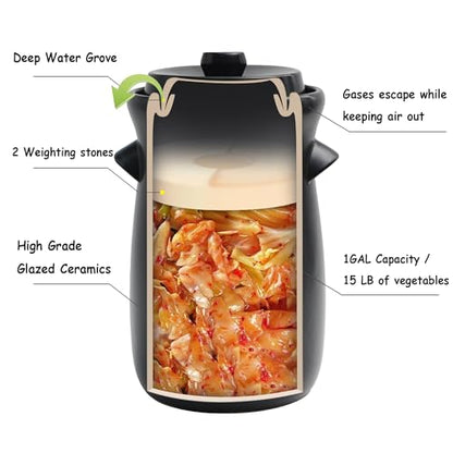 Fermentation Crock 3.8Liter/1 Gallon Stoneware Pot for Fermenting, Pickling Kimchi, Pickles, Vegetables, Kombucha - Glazed Fermenter with Stone Weights, Lid & Pickle Tamper-Black Crock - color: Black