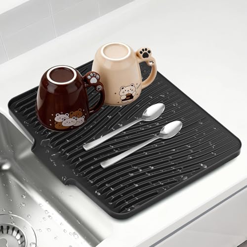 Silicone Dish Drying Mat for Kitchen counter, 19.7"x17" Extra Large Non-Slip Drain Pad with Built-in Drainage, Heat Resistant Dishwasher Safe, Black - color: Black, size: 19.7" x 17"