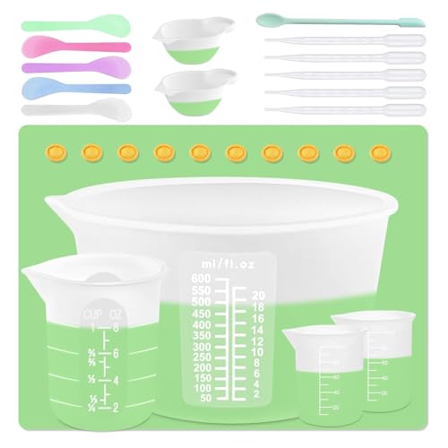 Silicone Measuring Cups Kit for Resin, Epoxy Supplies Set with 600ml, 250ml & 100ml Silicone Cups, Reusable Resin Supplies Cups with Silicone Mat, Stir Sticks, Mixing Cups for Molds Arts, Crafts - size: 600ML+250ML+100ML