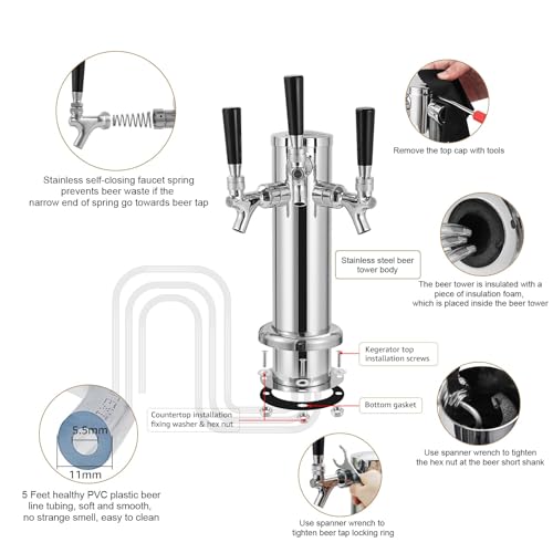 3 Tap Beer Tower, Stainless Steel 3” Flange Self-Closing Beer Tap Tower Kegerator Tower Keg Tap Dispenser Kegerator Tower Kit for Kegerator Countertop - size: Triple Tap