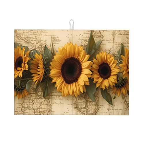Sunflower Floral Vintage Map Large Dish Drying Mat For Kitchen Counter 18x24 Inch, Super Absorbent Microfiber Reversible Drainer Pad With Hanging Loop, Quick Dry Mat For Coffee Bar, Pots - color: Sunflower Floral Vintage Map 3