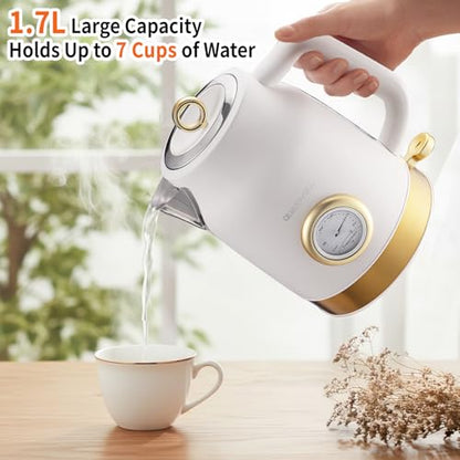 Retro Electric Kettle, 1.7L 304 Stainless Steel Tea Kettle with Temperature Gauge, 1500W Fast Boiling Water Boiler,Auto Shut-Off & Boil-Dry Protection, BPA-Free, Matte White and Gold - color: White and Gold