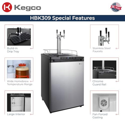 Kegco HBK309S-3 Full-Size Digital Homebrew Kegerator Triple Faucet Ball Lock Keg Dispenser Stainless, Stainless Steel - color: Stainless Steel, size: 3 Tap