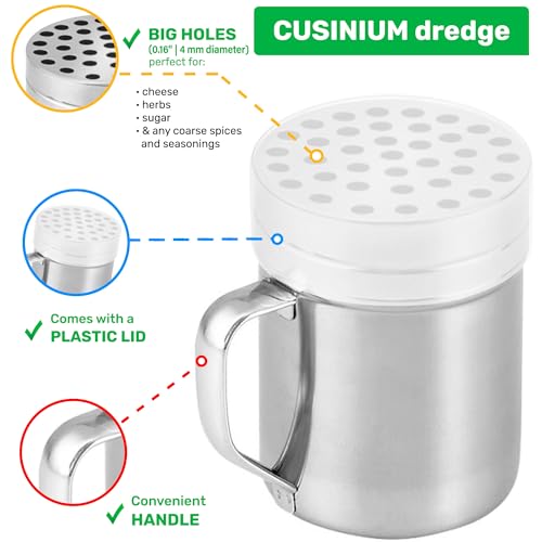 CUSINIUM 6oz Metal Parmesan Cheese Shaker with Large Holes - With Handle - Chili Flakes Dispensers - Pizza Shaker | Style: Coarse - size: 6 Oz