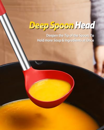 Silicone Pasta Fork and Ladle Spoon Set, Large Non Stick Kitchen Utensils for Cooking,Stirring,Serving Spaghetti, Soup, Sauce (RED) - color: Red