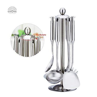 Kitchen Utensil Set – 6 Piece Stainless Steel Cooking Utensils with Rotating Holder Organizer Includes Slotted Spoon, Slotted Spatula, Large Spoon, Soup Ladle, Spatula, Pasta Server Silver/7PCS - style: Cooking Utensils