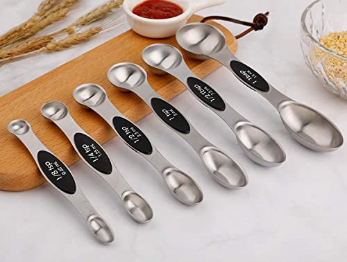 Magnetic Measuring Spoons Set of 6 Stainless Steel Dual Sided Stackable Teaspoon for Measuring Dry and Liquid Ingredients - color: Black