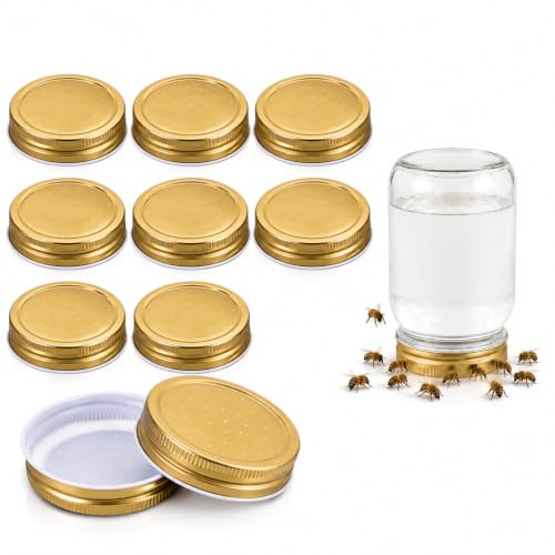 Garneck 8 Pack Bee Feeder Lids for Jars: 2.87 Inch Gold Metal Perforated Beehive Entrance Caps for Sugar Syrup Water Feeding Equipment Beekeeping Supplies