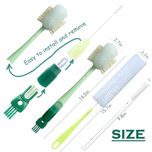 Water Bottle Brush with 5-in-1 Multi-Function, Baby Bottle Brush for Cleaning Nipple/Cup Lid Gap, Straw Bottle Cleaner, 15.1" Long Handle for Narrow Bottleneck Decanter, 3 Pack Set - color: White-green