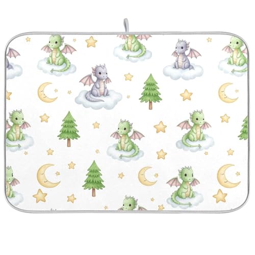 Cartoon Dragons Tree Star Dish Drying Mat for Kitchen Counter Super Absorbent Draining Mat with Non-slip Backed Sink Tray Mat for Sinks Countertops Draining Racks Dish Bottles Cups Bowl