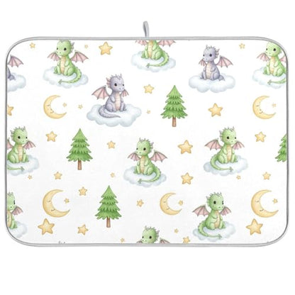 Cartoon Dragons Tree Star Dish Drying Mat for Kitchen Counter Super Absorbent Draining Mat with Non-slip Backed Sink Tray Mat for Sinks Countertops Draining Racks Dish Bottles Cups Bowl