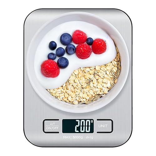 Digital Food Scale with 2 AAA Batteries Trnr-FDSCLE-SLV, Food Scale for Kitchen, Cooking Scale with Zero Tare Option, Kitchen Scale Weighs up to 11 Pounds, Measures in KG, G, LB, OZ, and ML