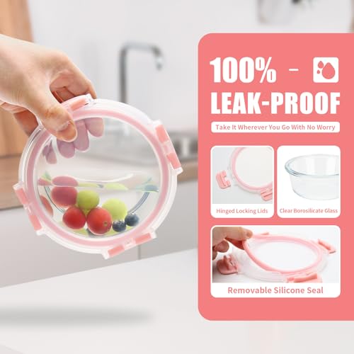 GULFLIN 12 Pack 13oz Small Glass Food Storage Containers with Lids Airtight, Leak-Proof Round Meal Prep Containers Set, Freezer to Microwave Safe, Dishwasher Safe - color: 13oz,12 Pack-Pink Set,Same Size