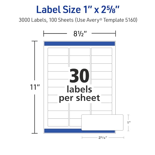 Avery Easy Peel Printable Address Labels with Sure Feed, 1" x 2-5/8" Customizable Stickers, White, 3,000 Blank Mailing Labels, Great for Mailing, Shipping, and More (5160) - size: 1" x 2 5/8", style: 3,000 labels