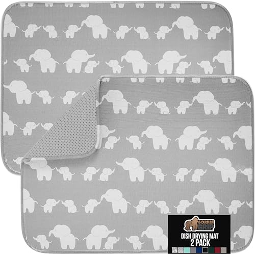 GORILLA GRIP Ultra Water Absorbent Microfiber Dish Drying Mat, 2 PK, Slip Resistant Grip Dot Backing, Fast Drying Pad for Dishes, Kitchen Sink Counter, Machine Washable Dishrack Mats, 18x16, Elephants - color: Elephants, size: 18" x 16" (2 Pack), style: M