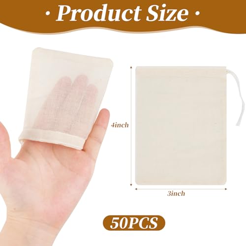 GliSun 50 Pcs Muslin Drawstring Bags Reusable Tea Bags Natural Cotton Unbleached Small Cheese Cloth Bag for Cooking Straining Soup Sachet Coffee Tea Brew Spice (4 x 3 Inches) - size: 3 x 4 inches