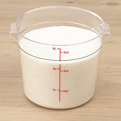 Restaurantware 6 Quart Plastic Food Storage Container - Durable Clear Polycarbonate Storage Bin - Round Food Prep Storage with Red Graduations - Dishwasher Safe Commercial Kitchen Use - size: 6 qt, style: 1 Count
