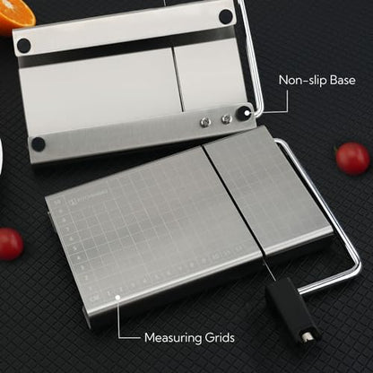 KITCHENDAO Replaceable Wire Cheese Slicer with Board and Measuring Grids,Tightness Adjustable Cheese Slicer, Stainless Steel Metal Cheese Cutter for Block Cheese, Dishwasher Safe, with 2 Extra Wires
