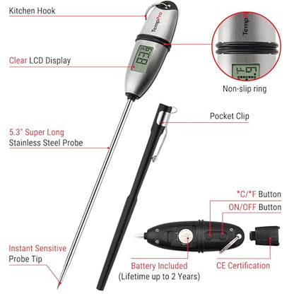 TempPro TP02S Digital Food Thermometer for Cooking Bread Baking Sourdough Liquids, Meat Thermometer Digital with Super Long Probe for Kitchen Candy Making Gift for Dad Husband (Previously ThermoPro) - size: Digital