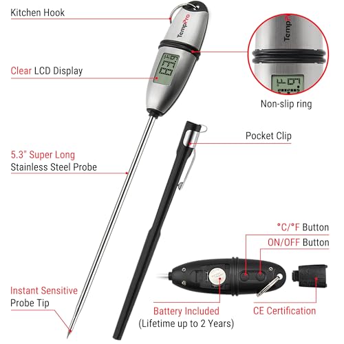TempPro TP02S (2 Pack) Digital Food Thermometer for Cooking Bread Baking Sourdough Liquids, Meat Thermometer Digital with Super Long Probe for Kitchen BBQ Candy Making Accessory (Previously ThermoPro) - size: Digital