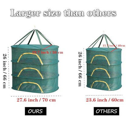Hanging Drying Net Herb Drying Rack Foldable Fish Mesh Rack Net 19.7"x27.6"x25.5" Large 3 Layer Collapsible Dry Net with Zippers for Drying Fish Plants Vegetables Fruit Herb Flowers Clothes (Green) - color: Green