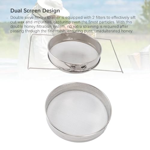 Double Sieve Honey Strainer | 2 Meshes Separate Wax & Impurities | Extendable Arm Fits 5 Gallon Buckets/Pans | Stainless Steel Beekeeping Equipment