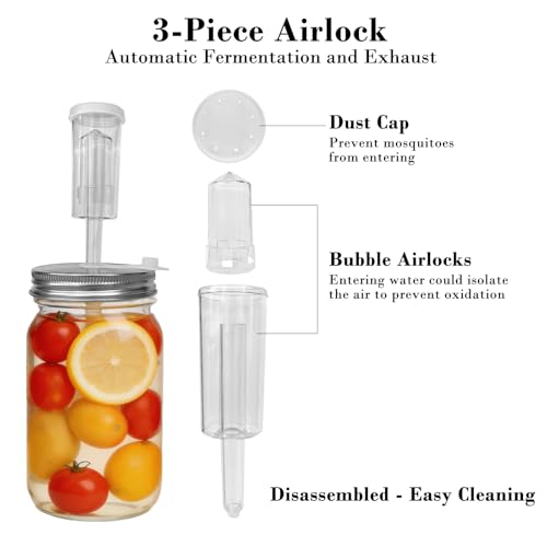 Fermentation Lids Kit for Wide Mouth Mason Jars | 6 304 Stainless Steel Fermenting Lids with 6 Airlocks, 6 Silicone Rings & Grommets-Complete Mason Jar Fermentation Set for Brewing, Fermenting(No Jars - size: 304 stainless steel lid and air valve