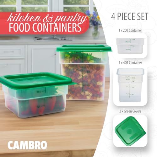 Cambro Food Storage Container with Lid (Microwave Safe and BPA-Free) - 2 Pack - Classic Series Square with Green Lid - 2 and 4 QT (Quart) - Commercial Grade for Food Prep (Translucent) - size: 2 and 4 QT + Lid
