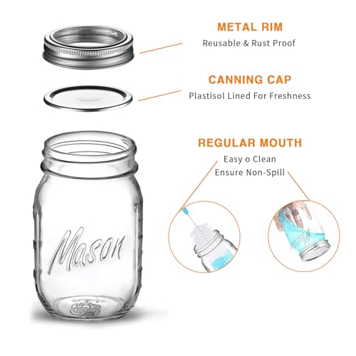 Classic 16 Oz Mason Jars, 6 Pack Canning Jars, Regular Mouth, Airtight & Leak Proof, Dishwasher Safe, Microwave & Freezer Safe, 3.2 x 4.5 x 5.5 inches
