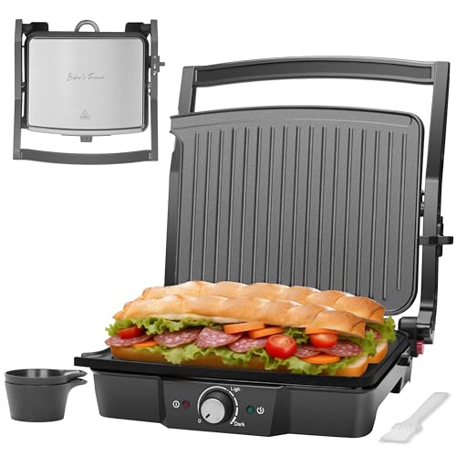 Baker’s Friend Panini Grill Press Sandwich Maker, 4-Slices Panini Press Maker, Grill Cheese Sandwich Maker, Indoor Grill Electric, Non Stick Surfaces, Stainless Steel - style: Panini Grill Press Sandwich Maker