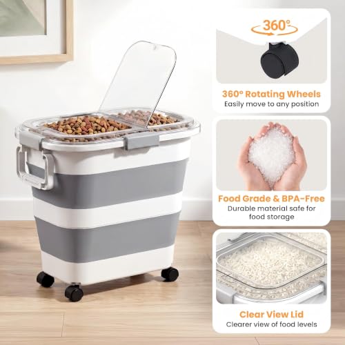 30 Lbs Rice Storage Container with Wheels, Collapsible Airtight Dog Food Storage Container with Transparent Lid, Measuring Cup, Scoop, Handle, BPA Free Rice Holder for Pet Food, Grain, Bird Seed - color: Grey/30lbs