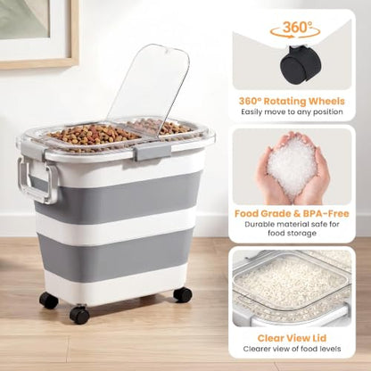 30 Lbs Rice Storage Container with Wheels, Collapsible Airtight Dog Food Storage Container with Transparent Lid, Measuring Cup, Scoop, Handle, BPA Free Rice Holder for Pet Food, Grain, Bird Seed - color: Grey/30lbs