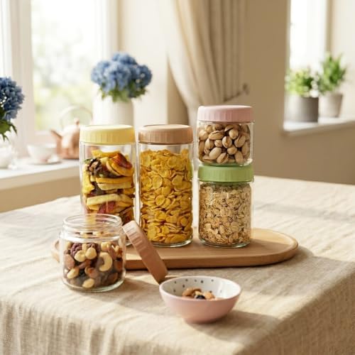 SHOWIN Overnight Oats Containers with Lids, 24oz Glass Jars with Lids 4 pcs, Candy, Wide Mouth Mason jars for Salad, Yogurt, Snacks, Meal Prep - color: Candy, size: 24oz-4pc