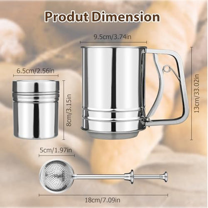 Flour Sifter, Sifter for Baking with Flour and Powdered Sugar Shaker Duster Set, 3 Cup 3 in 1 Stainless Steel Double Layer Fine Mesh Sifter for Cakes, Pastries, Pies, Cupcakes and Desserts