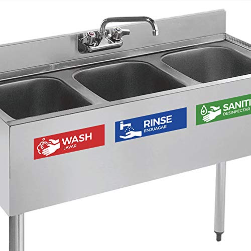 Wash, Rinse, Sanitize Labels for 3 Compartment Sink, 2.75″ x 9″ Perfect Sticker Signs for Restaurants, Commercial Kitchens, Food Trucks, Bussing Stations, Dishwashing or Wash Station (1 Pack)
