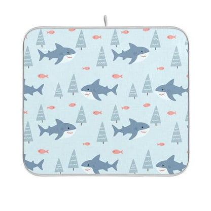 Sharks Fish Tree Blue Dish Drying Mat for Kitchen Counter Super Absorbent Draining Mat with Non-slip Backed Dishwashing Mat for Dish Bottles Cups Bowl Draining Racks Countertops Sinks