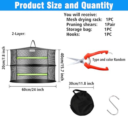 Herb Drying Rack, Breathable Mesh, 2-Layer, Black, Nylon & Polyester, 8x24x24 Inches, 2.2 lbs Capacity, Foldable, Ceiling Mount, Ideal for Herbs, Jerky, Meat, Plants, Fish, Clothes, Nuts